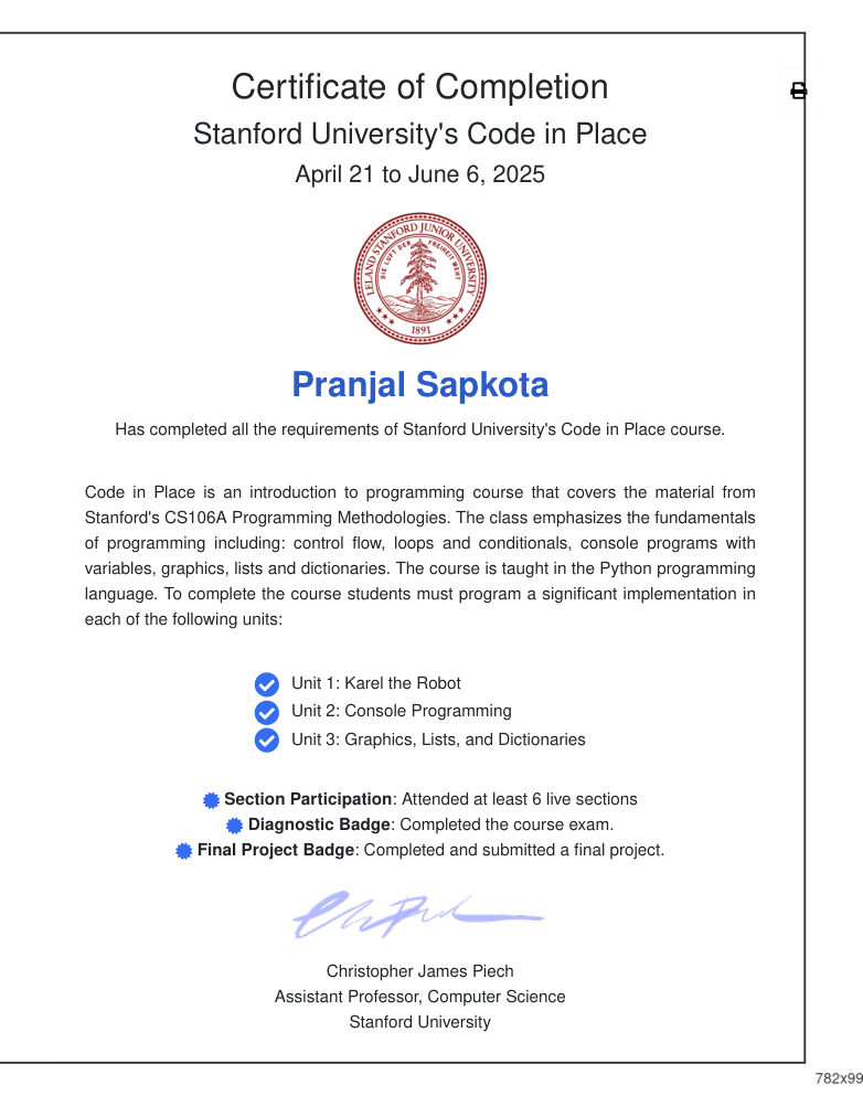 Stanford Code in Place Certificate